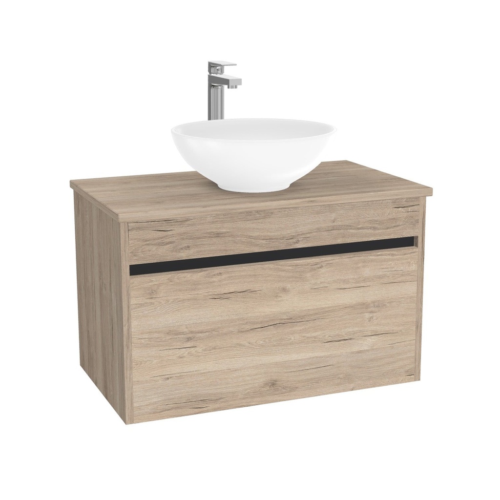 Amsterdam Badkamermeubel 80 cm Duitse Eik - Onderkast MDF - Softclose greeploos 2 lades Inclusief Toledo keramische waskom met wastafelblad (MDF Zwart 25mm, Mat Wit)