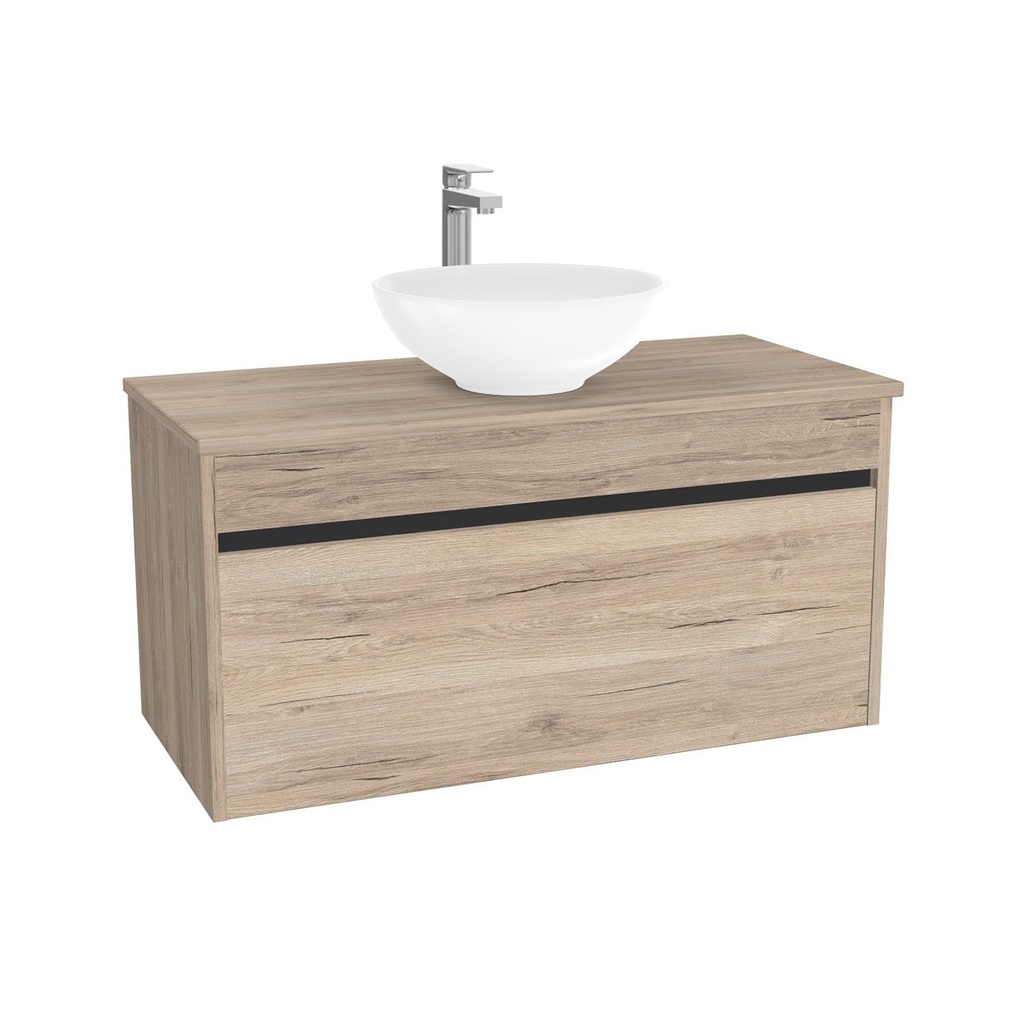 Amsterdam Badkamermeubel 100 cm Duitse Eik - Onderkast MDF - Softclose greeploos 2 lades Inclusief Toledo keramische waskom met wastafelblad (MDF Zwart 25mm, Mat Wit)