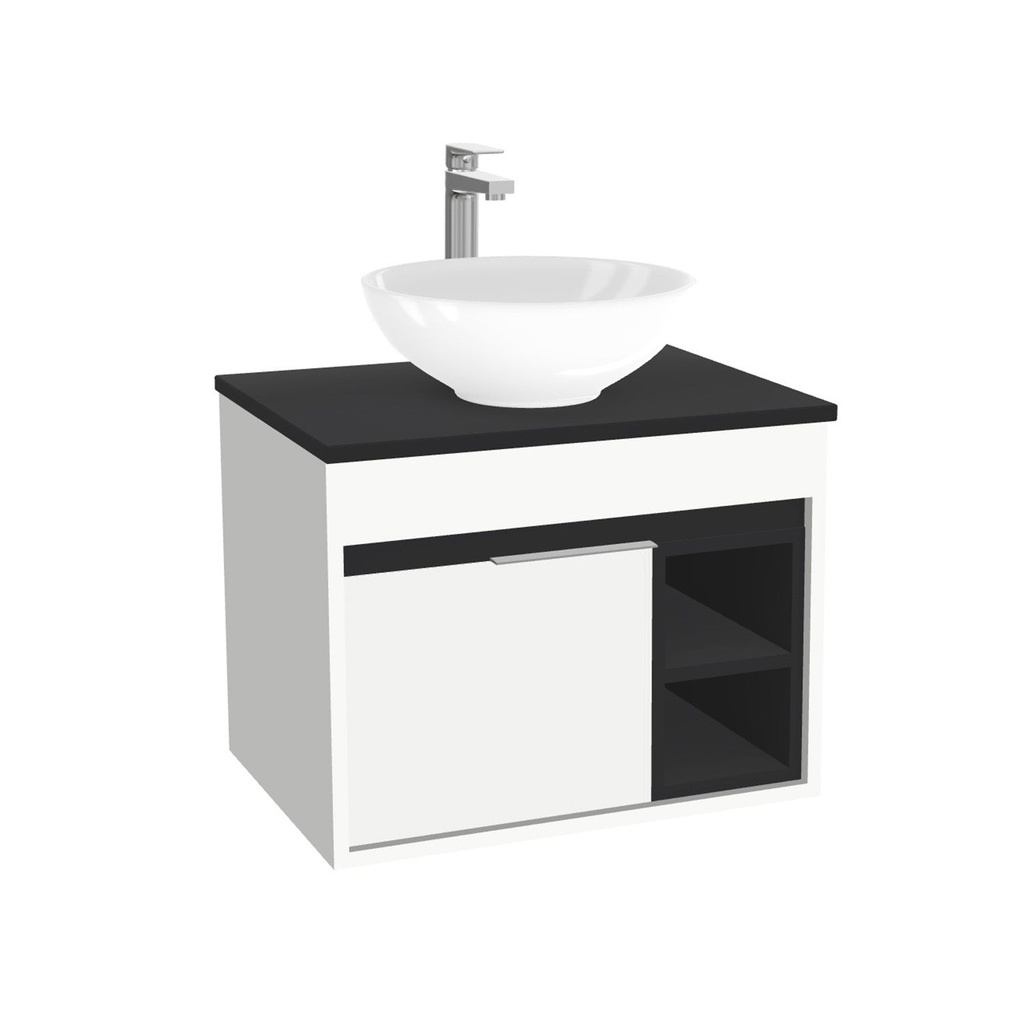 Aachen Badkamermeubel 65 cm Hoogglans Wit - Onderkast MDF - Softclose semi handgreep 1 deur Inclusief Toledo keramische waskom met wastafelblad (MDF Zwart 25mm, Mat Wit)