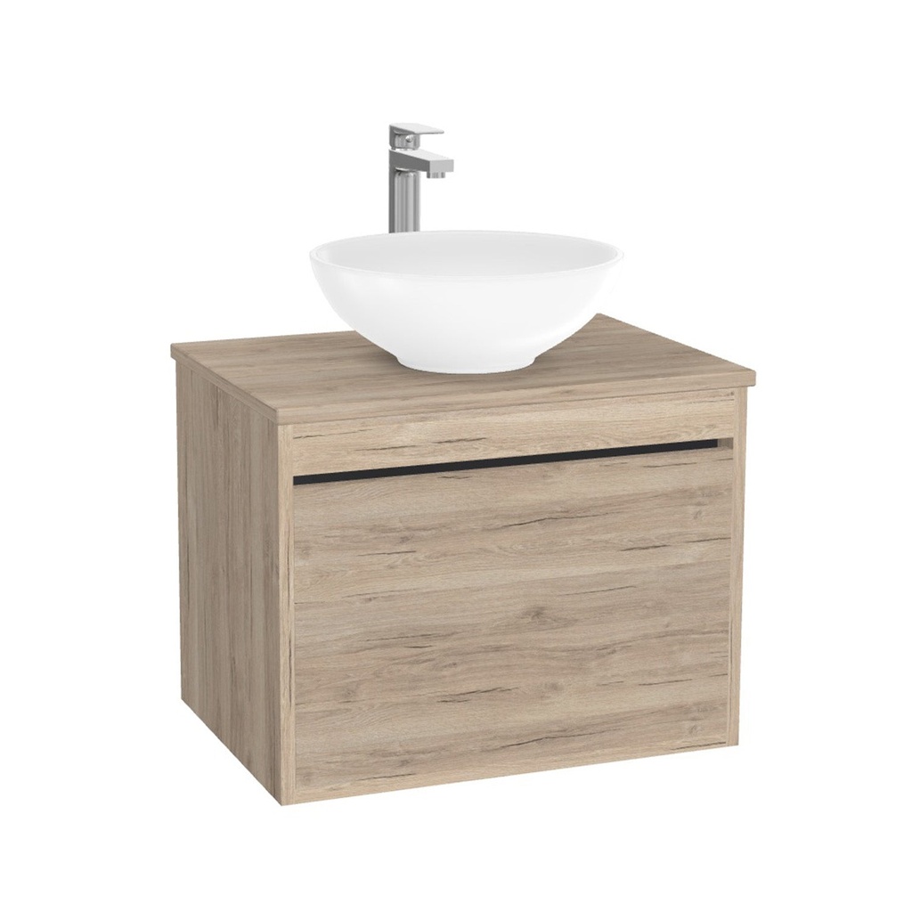Oberhausen Badkamermeubel 65 cm Duitse Eik - Onderkast MDF - Softclose semi handgreep 1 lade Inclusief Toledo keramische waskom met wastafelblad (MDF Zwart 25mm, Mat Wit)