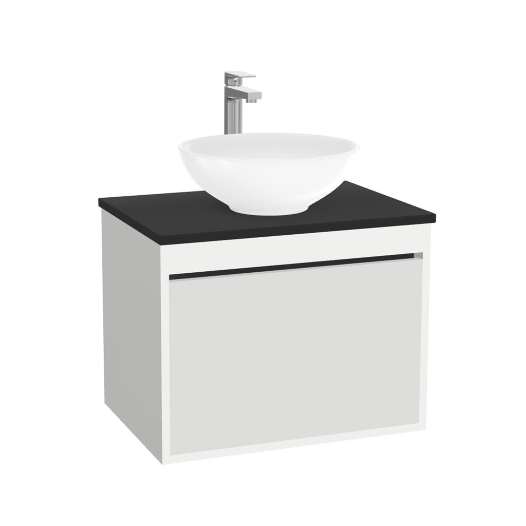 Oberhausen Badkamermeubel 65 cm Hoogglans Wit - Onderkast MDF - Softclose semi handgreep 1 lade Inclusief Toledo keramische waskom met wastafelblad (MDF Zwart 25mm, Mat Wit)