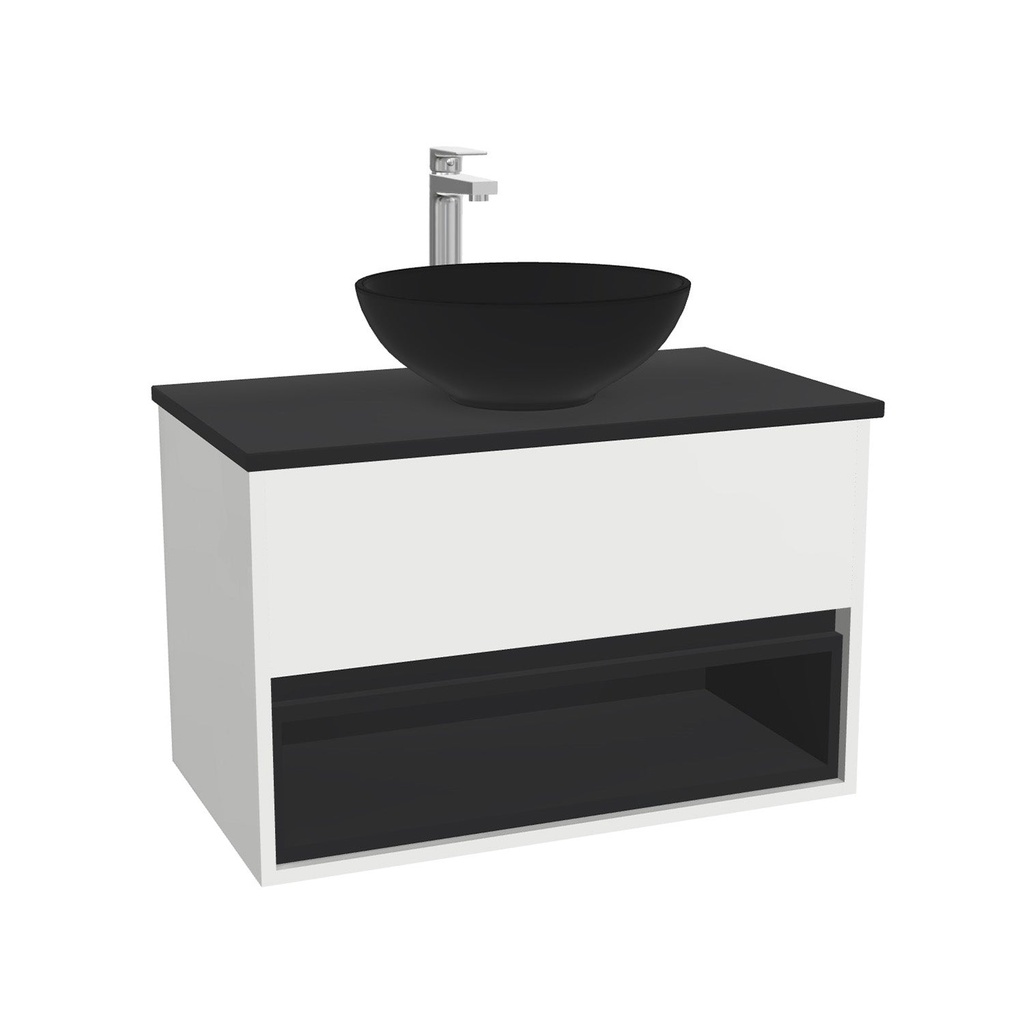 Pohlheim Badkamermeubel 80 cm Hoogglans Wit - Onderkast MDF - Softclose greeploos 1 lade Inclusief Toledo keramische waskom met wastafelblad (MDF Zwart 25mm, Mat Wit)