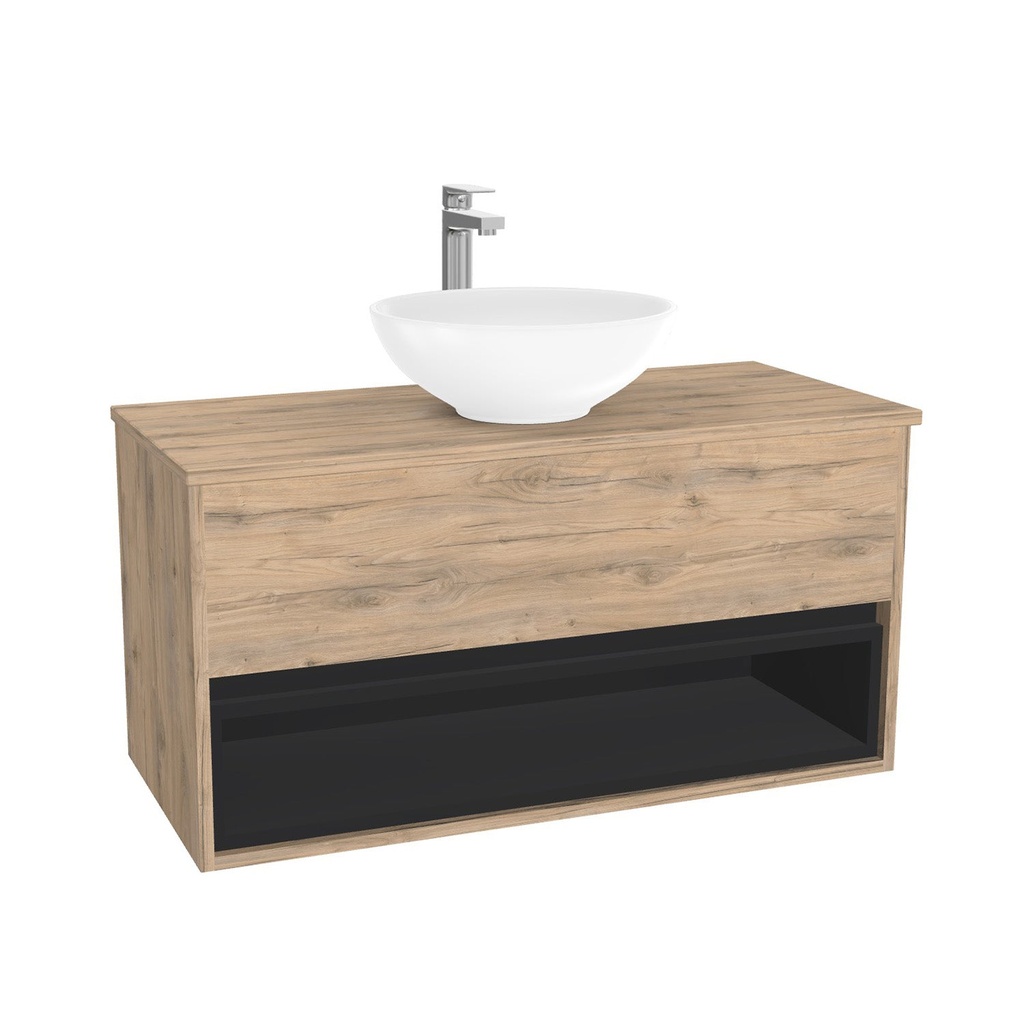 Pohlheim Badkamermeubel 100 cm Dorado - Onderkast MDF - Softclose greeploos 1 lade Inclusief Toledo keramische waskom met wastafelblad (MDF Zwart 25mm, Mat Wit)