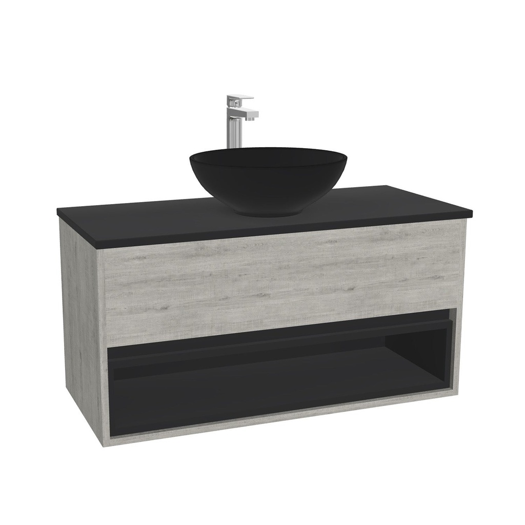 Pohlheim Badkamermeubel 100 cm Lissabon - Onderkast MDF - Softclose greeploos 1 lade Inclusief Toledo keramische waskom met wastafelblad (MDF Zwart 25mm, Mat Wit)