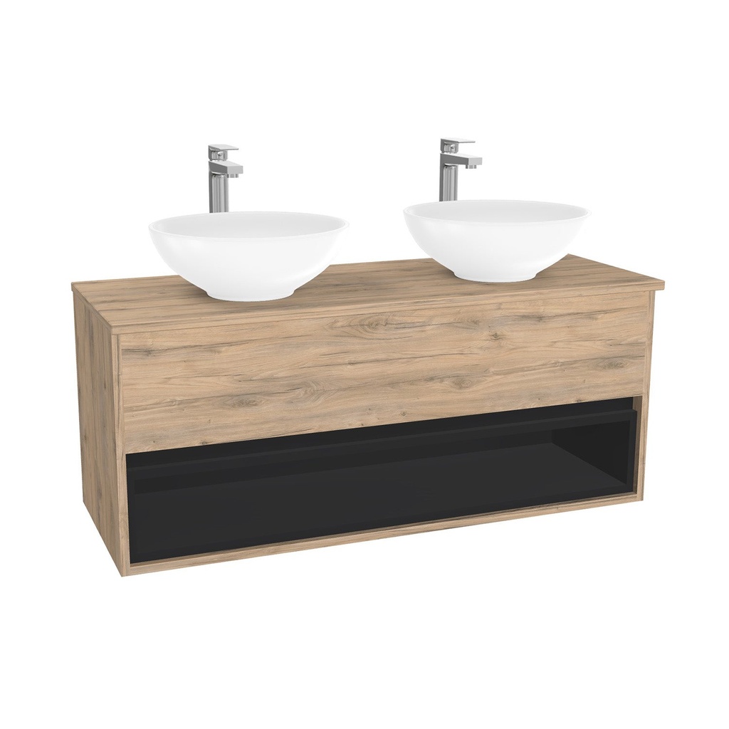 Pohlheim Badkamermeubel 120 cm Dorado - Onderkast MDF - Softclose greeploos 1 lade1 Inclusief Toledo keramische waskom met wastafelblad (MDF Zwart 25mm, Mat Wit)