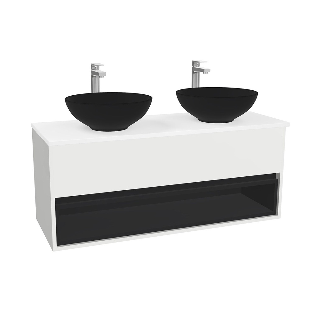 Pohlheim Badkamermeubel 120 cm Hoogglans Wit - Onderkast MDF - Softclose greeploos 1 lade Inclusief Toledo keramische waskom met wastafelblad (MDF Zwart 25mm, Mat Wit)