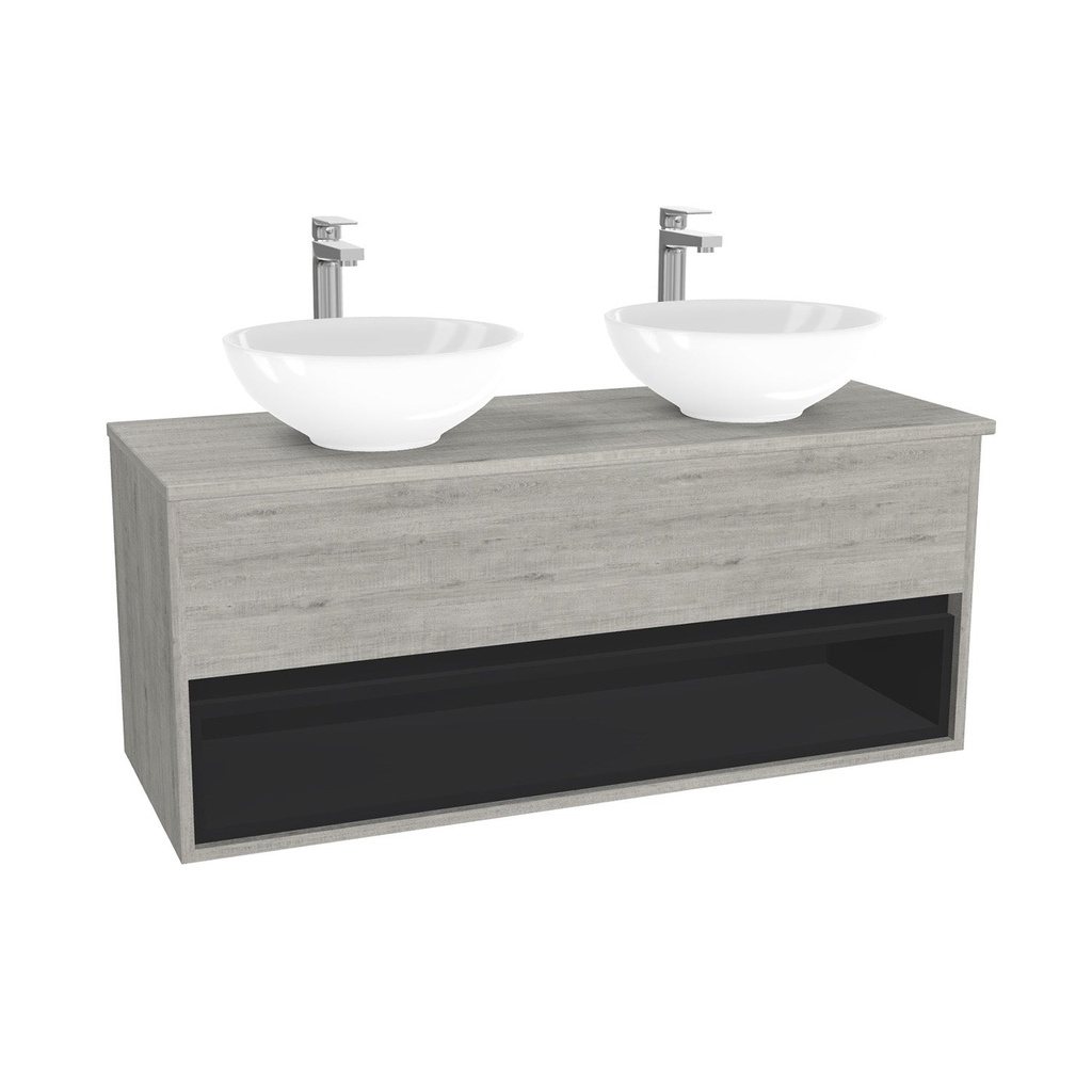 Pohlheim Badkamermeubel 120 cm Lissabon - Onderkast MDF - Softclose greeploos 1 lade Inclusief Toledo keramische waskom met wastafelblad (MDF Zwart 25mm, Mat Wit)