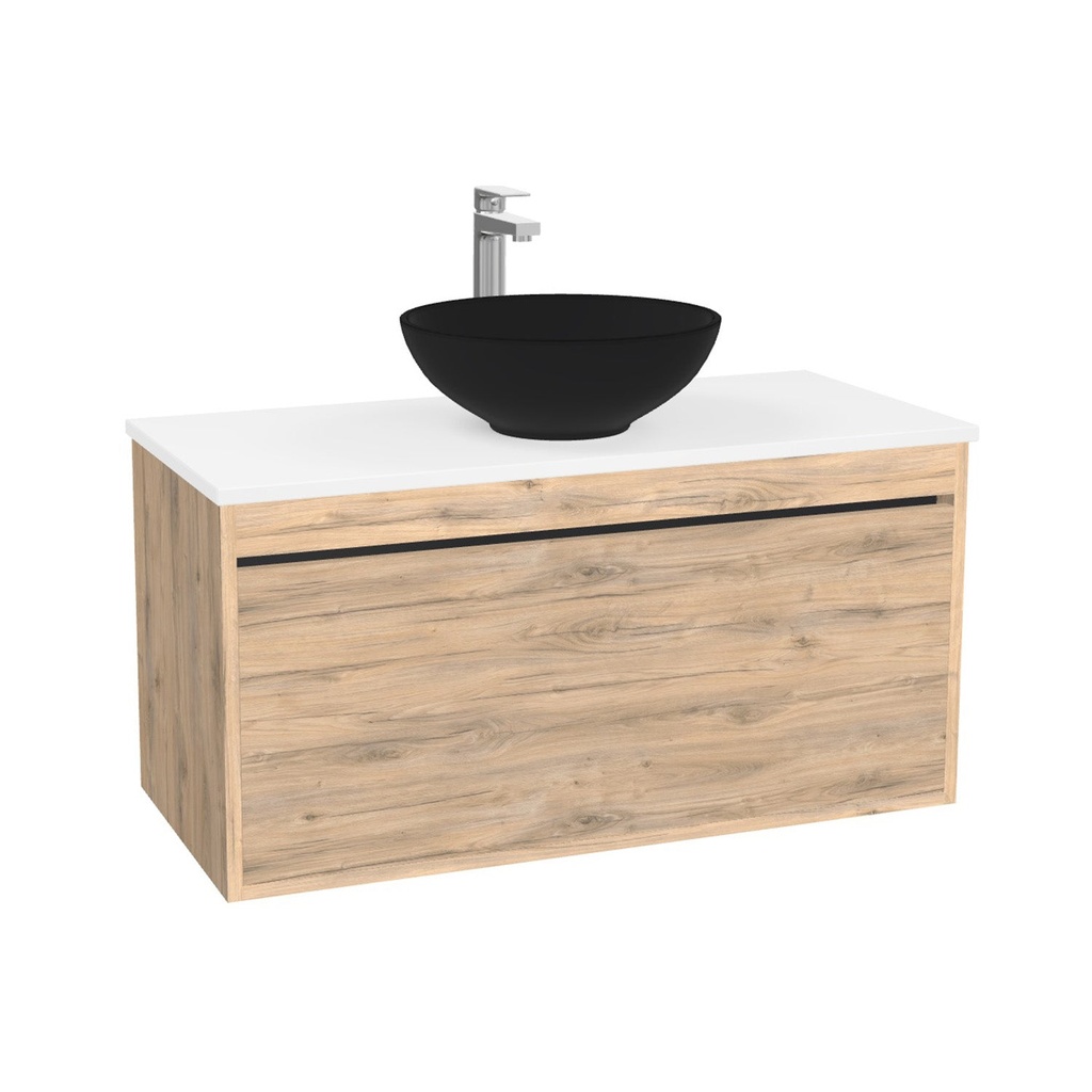 Oberhausen Badkamermeubel 100 cm Dorado - Onderkast MDF - Softclose semi handgreep 1 lade Inclusief Toledo keramische waskom met wastafelblad (MDF Zwart 25mm, Mat Wit)