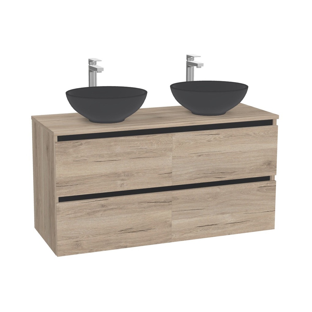 München Badkamermeubel 120 cm Duitse Eik - Onderkast MDF - Softclose greeploos 4 lades Inclusief Toledo keramische waskom met wastafelblad (Quartz Zwart 20mm, Mat Wit)