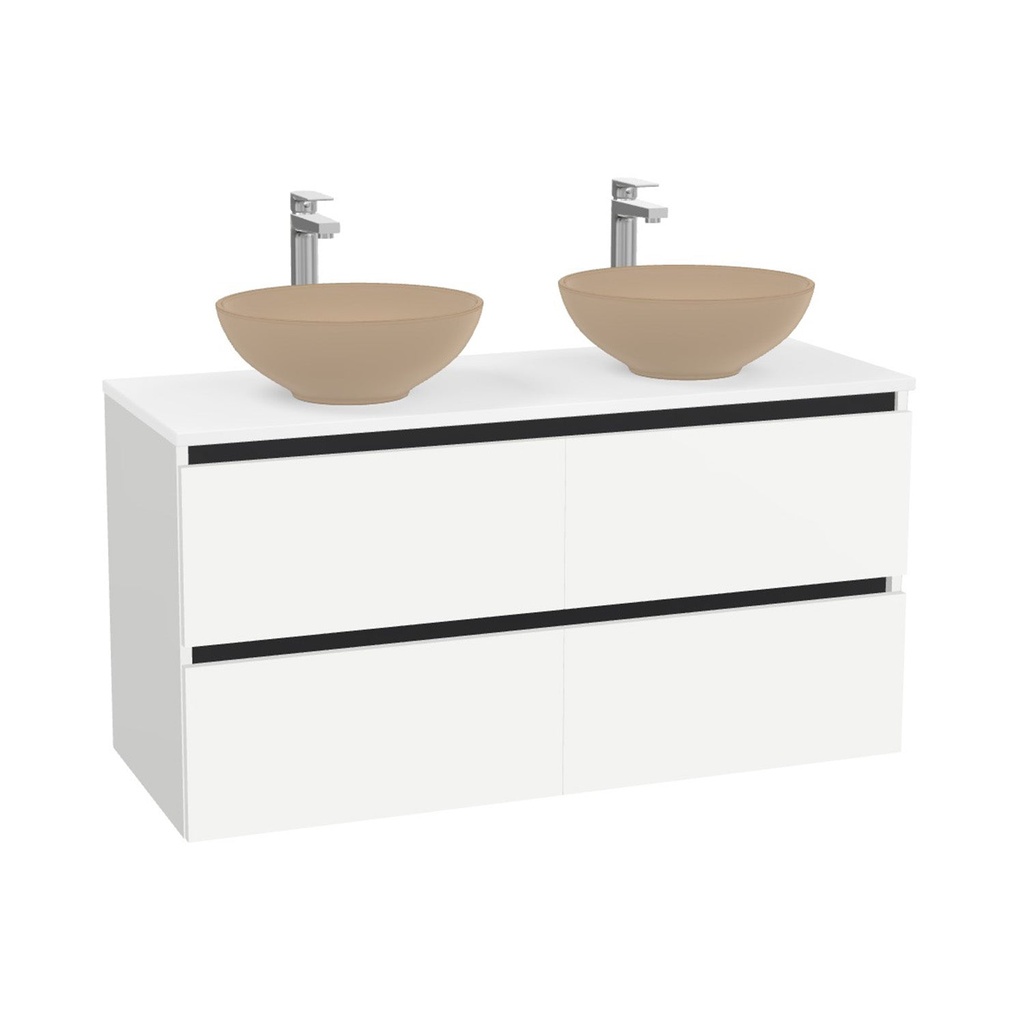 München Badkamermeubel 120 cm Hoogglans Wit - Onderkast MDF - Softclose greeploos 4 lades Inclusief Toledo keramische waskom met wastafelblad (Quartz Zwart 20mm, Mat Wit)