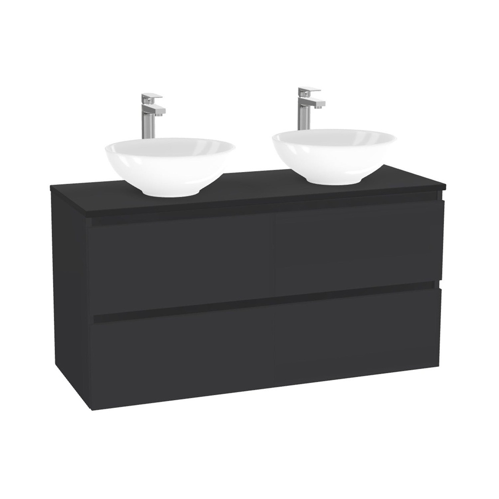 München Badkamermeubel 120 cm Mat Zwart - Onderkast MDF - Softclose greeploos 4 lades Inclusief Toledo keramische waskom met wastafelblad (Quartz Zwart 20mm, Mat Wit)