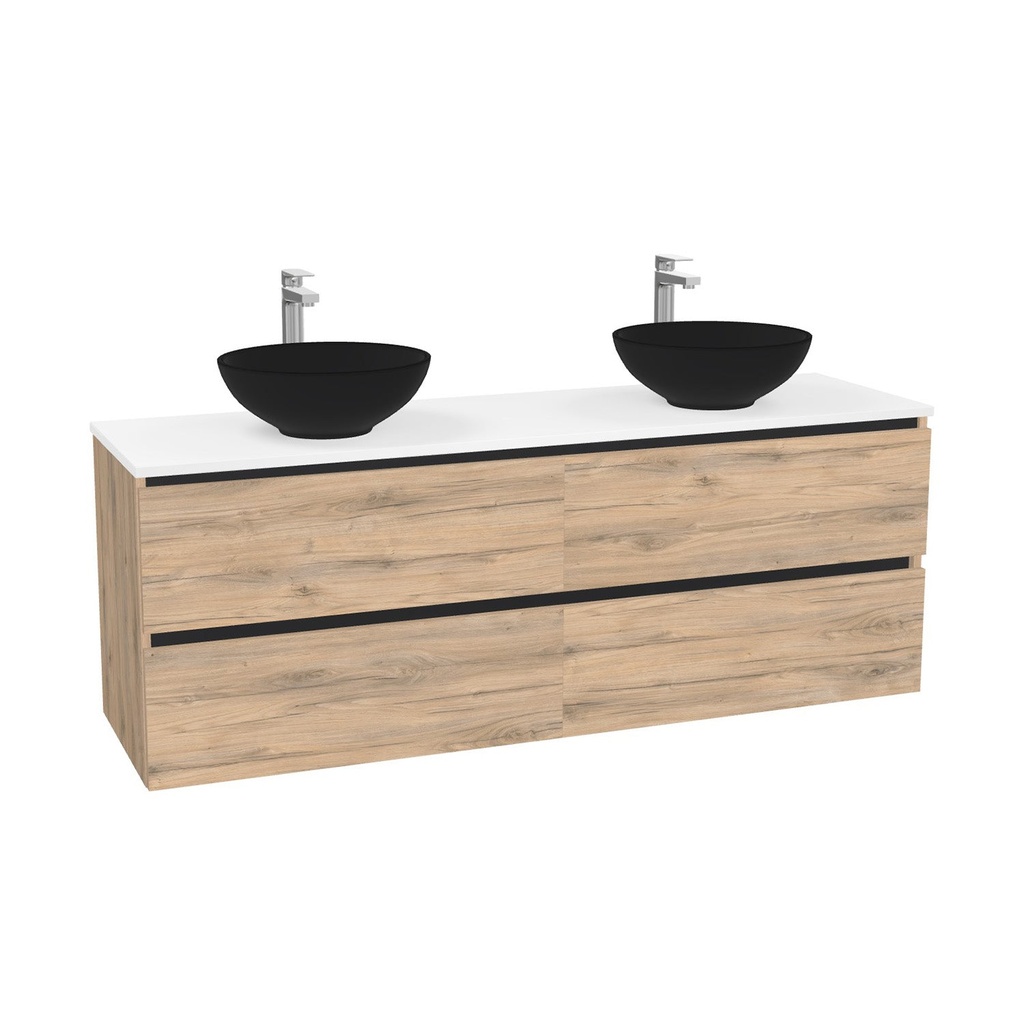 München Badkamermeubel 160 cm Dorado - Onderkast MDF - Softclose greeploos 4 lades Inclusief Toledo keramische waskom met wastafelblad (Quartz Zwart 20mm, Mat Wit)