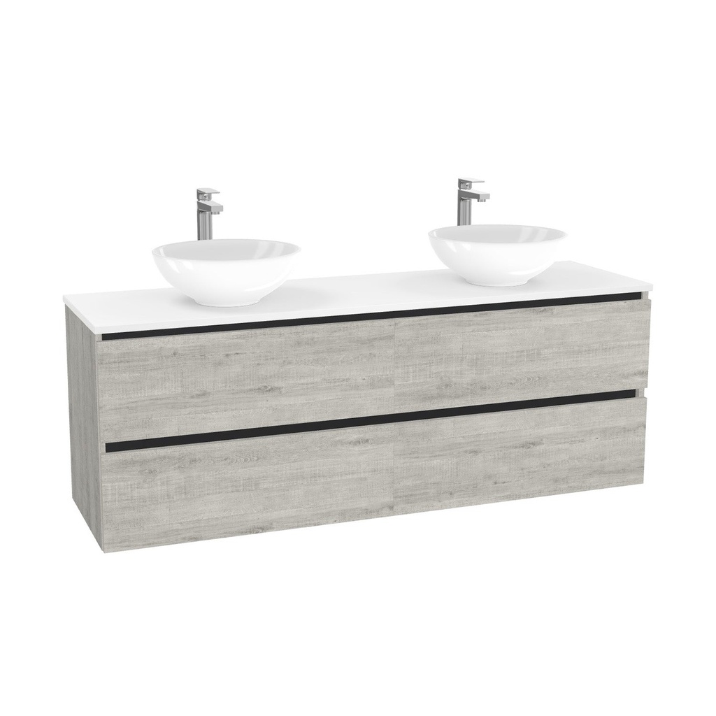 München Badkamermeubel 160 cm Lissabon - Onderkast MDF - Softclose greeploos 4 lades Inclusief Toledo keramische waskom met wastafelblad (Quartz Zwart 20mm, Mat Wit)