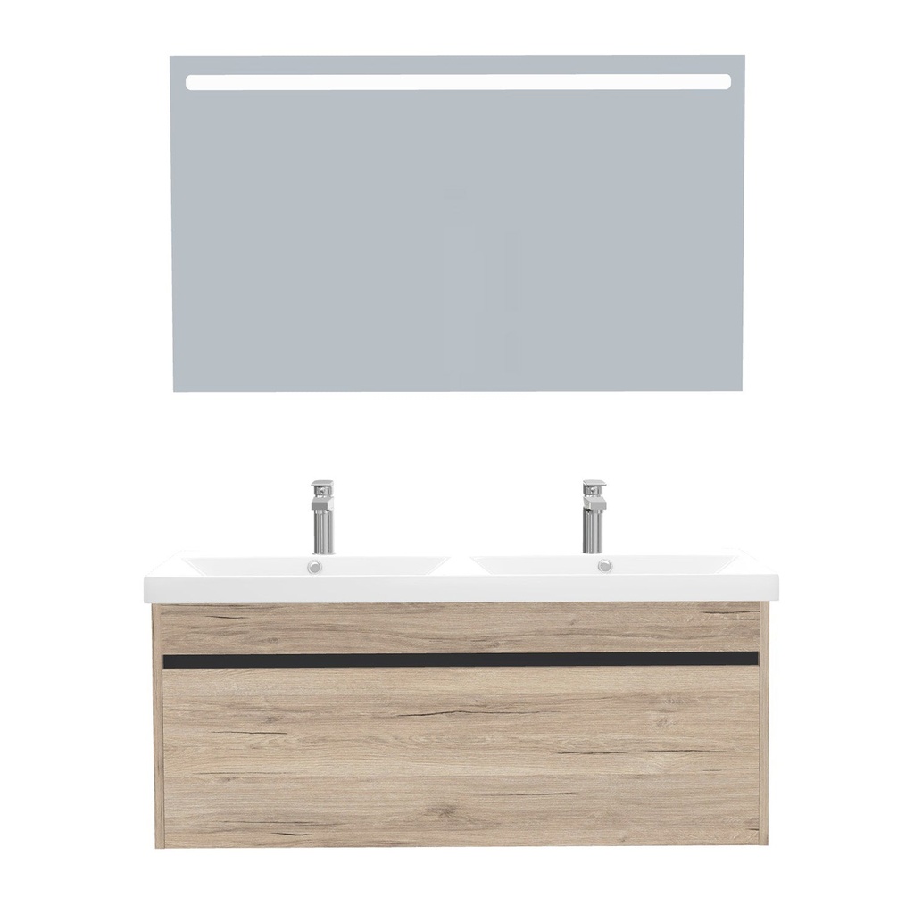 [B-AM-120-ST-WEL-LS-DE] Amsterdam Badkamermeubel Set 120 cm Duitse Eik - Onderkast MDF Softclose Greeploos 2 lades met Keramische Wastafel 2 kraangat en Badkamerspiegel met Led-verlichting