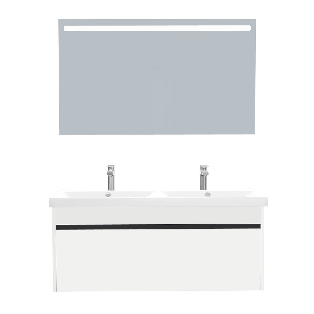 [B-AM-120-ST-WEL-LS-HW] Amsterdam Badkamermeubel Set 120 cm Hoogglans Wit - Onderkast MDF Softclose Greeploos 2 lades met Keramische Wastafel 2 kraangat en Badkamerspiegel met Led-verlichting