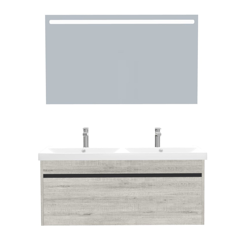 [B-AM-120-ST-WEL-LS-LS] Amsterdam Badkamermeubel Set 120 cm Lissabon - Onderkast MDF Softclose Greeploos 2 lades met Keramische Wastafel 2 kraangat en Badkamerspiegel met Led-verlichting