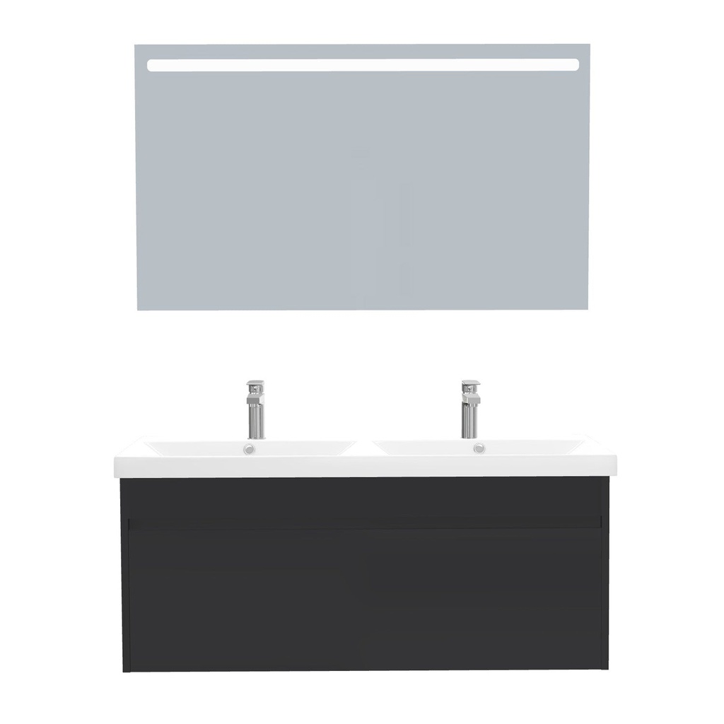 [B-AM-120-ST-WEL-LS-MS] Amsterdam Badkamermeubel Set 120 cm Mat Zwart - Onderkast MDF Softclose Greeploos 2 lades met Keramische Wastafel 2 kraangat en Badkamerspiegel met Led-verlichting