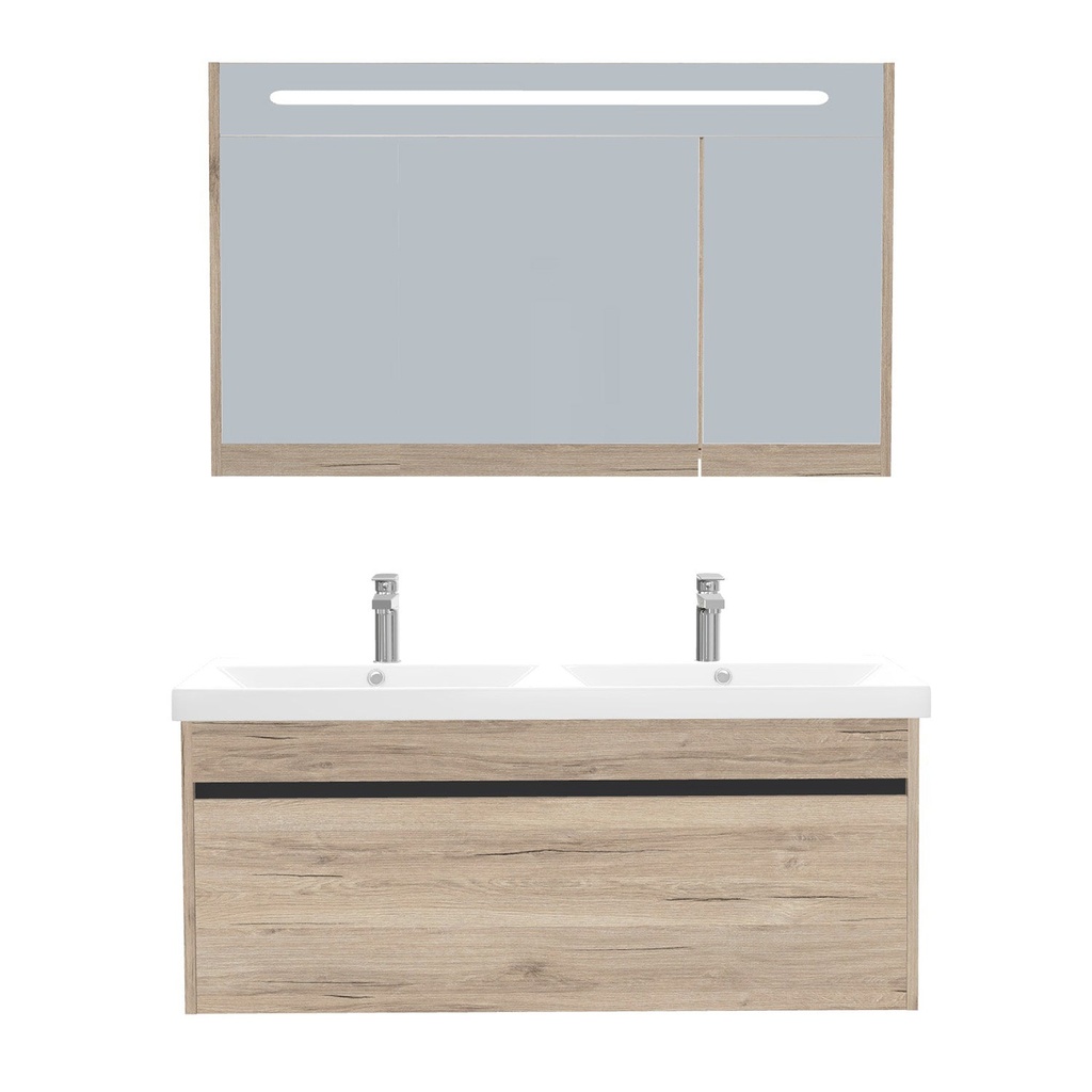 [B-AM-120-ST-WEL-LSK-DE] Amsterdam Badkamermeubel Set 120 cm Duitse Eik - Onderkast MDF Softclose Greeploos 2 lades met Keramische Wastafel 2 kraangat en Badkamerspiegelkast met Led-verlichting