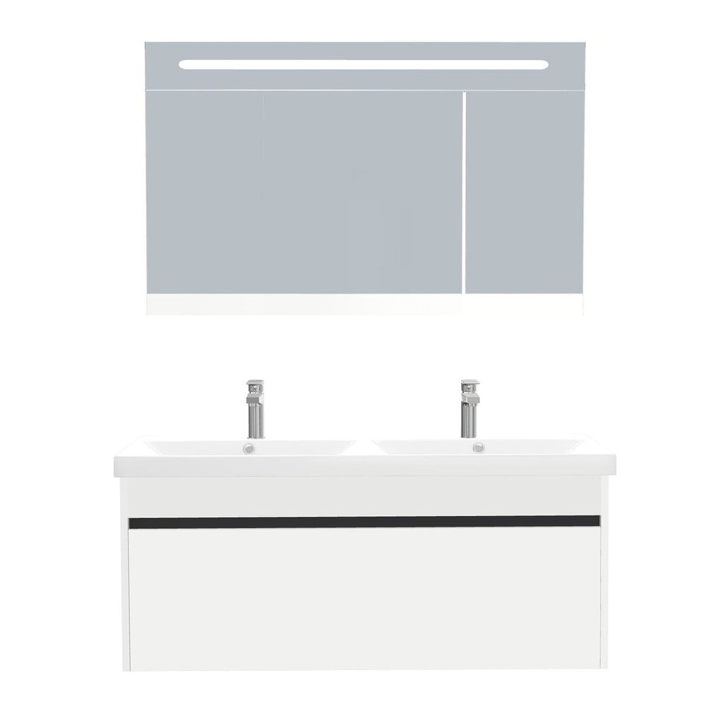 [B-AM-120-ST-WEL-LSK-HW] Amsterdam Badkamermeubel Set 120 cm Hoogglans Wit - Onderkast MDF Softclose Greeploos 2 lades met Keramische Wastafel 2 kraangat en Badkamerspiegelkast met Led-verlichting