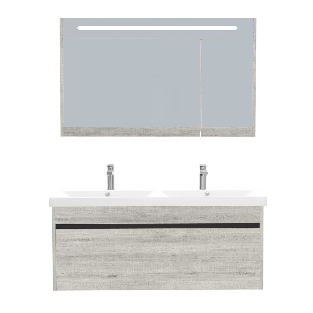 [B-AM-120-ST-WEL-LSK-LS] Amsterdam Badkamermeubel Set 120 cm Lissabon - Onderkast MDF Softclose Greeploos 2 lades met Keramische Wastafel 2 kraangat en Badkamerspiegelkast met Led-verlichting