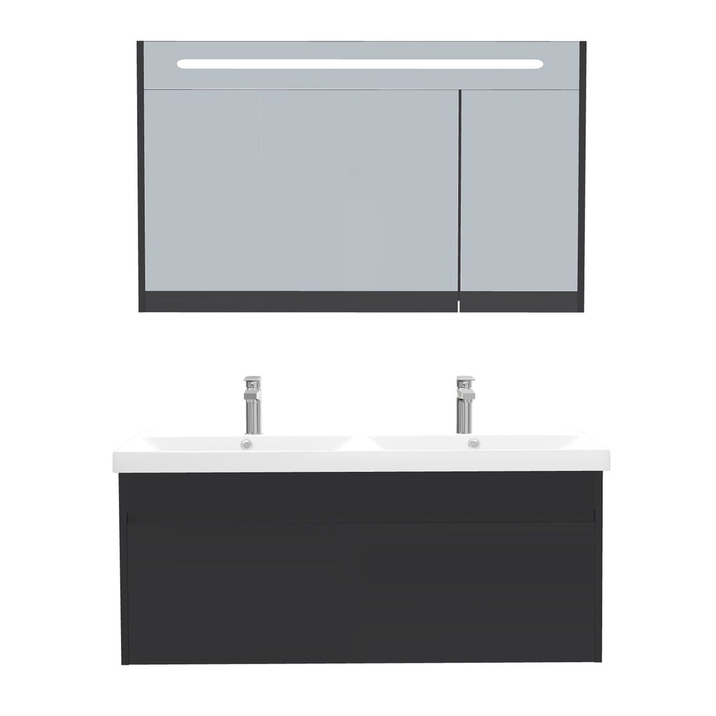 [B-AM-120-ST-WEL-LSK-MS] Amsterdam Badkamermeubel Set 120 cm Mat Zwart - Onderkast MDF Softclose Greeploos 2 lades met Keramische Wastafel 2 kraangat en Badkamerspiegelkast met Led-verlichting