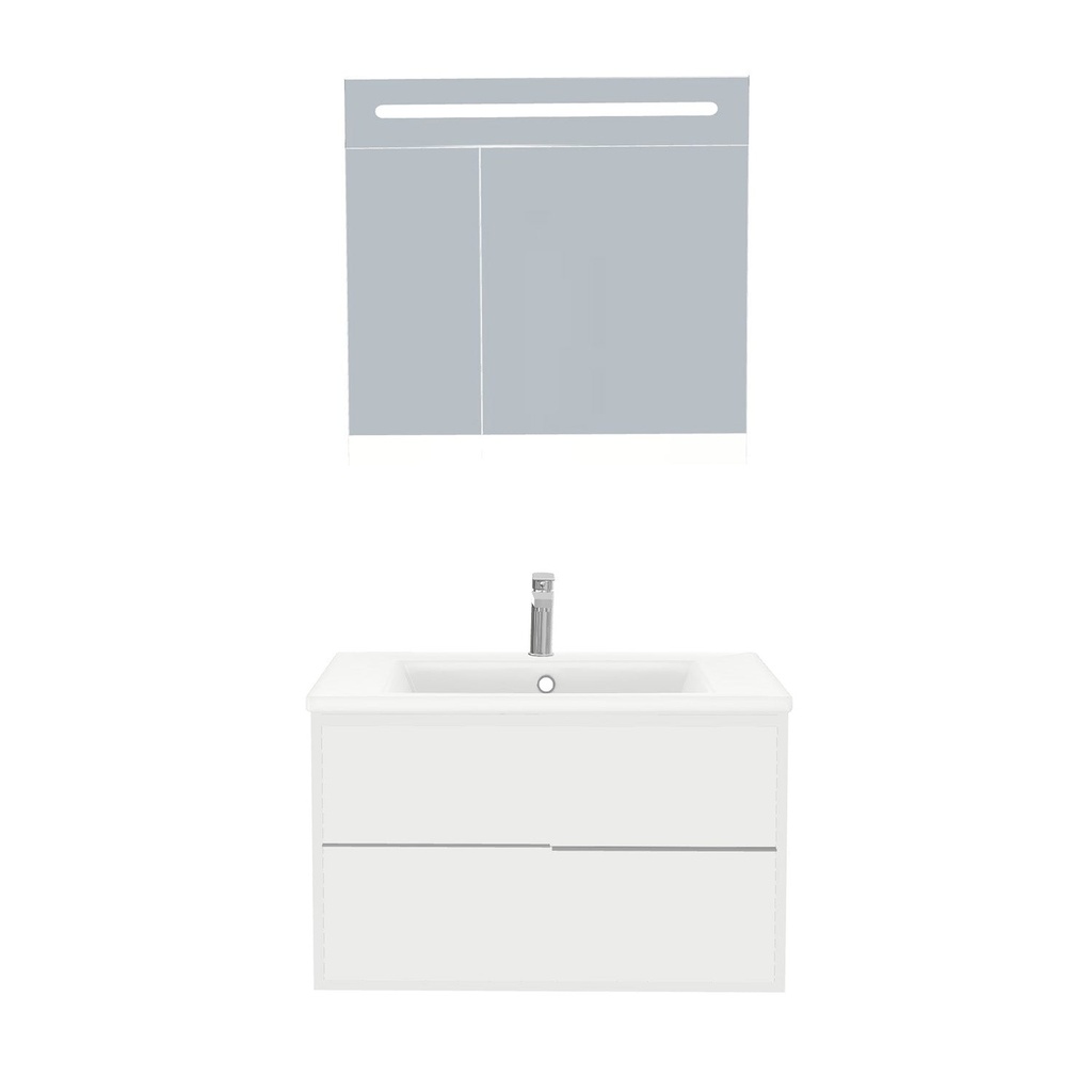 [A-ES-80-ST-WIB-LSK-HW] Essen Badkamermeubel Set 80 cm Hoogglans Wit - Onderkast MDF Softclose Semi handgreep 2 lades met Keramische Wastafel 1 kraangat en Badkamerspiegelkast met Led-verlichting