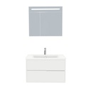 Essen Badkamermeubel Set 80 cm Hoogglans Wit - Onderkast MDF Softclose Semi handgreep 2 lades met Keramische Wastafel 1 kraangat en Badkamerspiegelkast met Led-verlichting