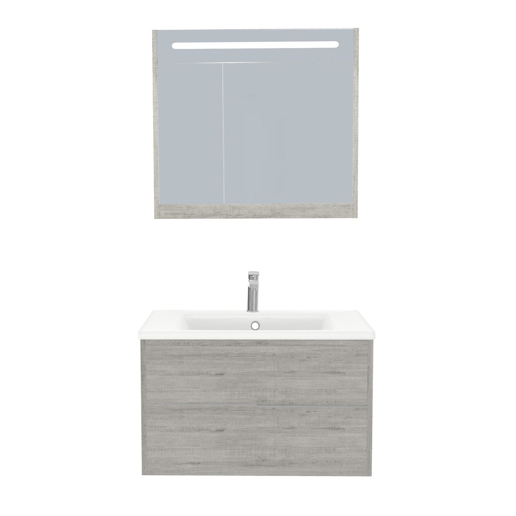 [A-ES-80-ST-WIB-LSK-LS] Essen Badkamermeubel Set 80 cm Lissabon - Onderkast MDF Softclose Semi handgreep 2 lades met Keramische Wastafel 1 kraangat en Badkamerspiegelkast met Led-verlichting
