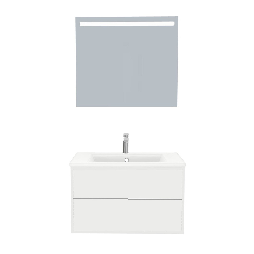 [A-ES-80-ST-WIB-LS-HW] Essen Badkamermeubel Set 80 cm Hoogglans Wit - Onderkast MDF Softclose Semi handgreep 2 lades met Keramische Wastafel 1 kraangat en Badkamerspiegel met Led-verlichting