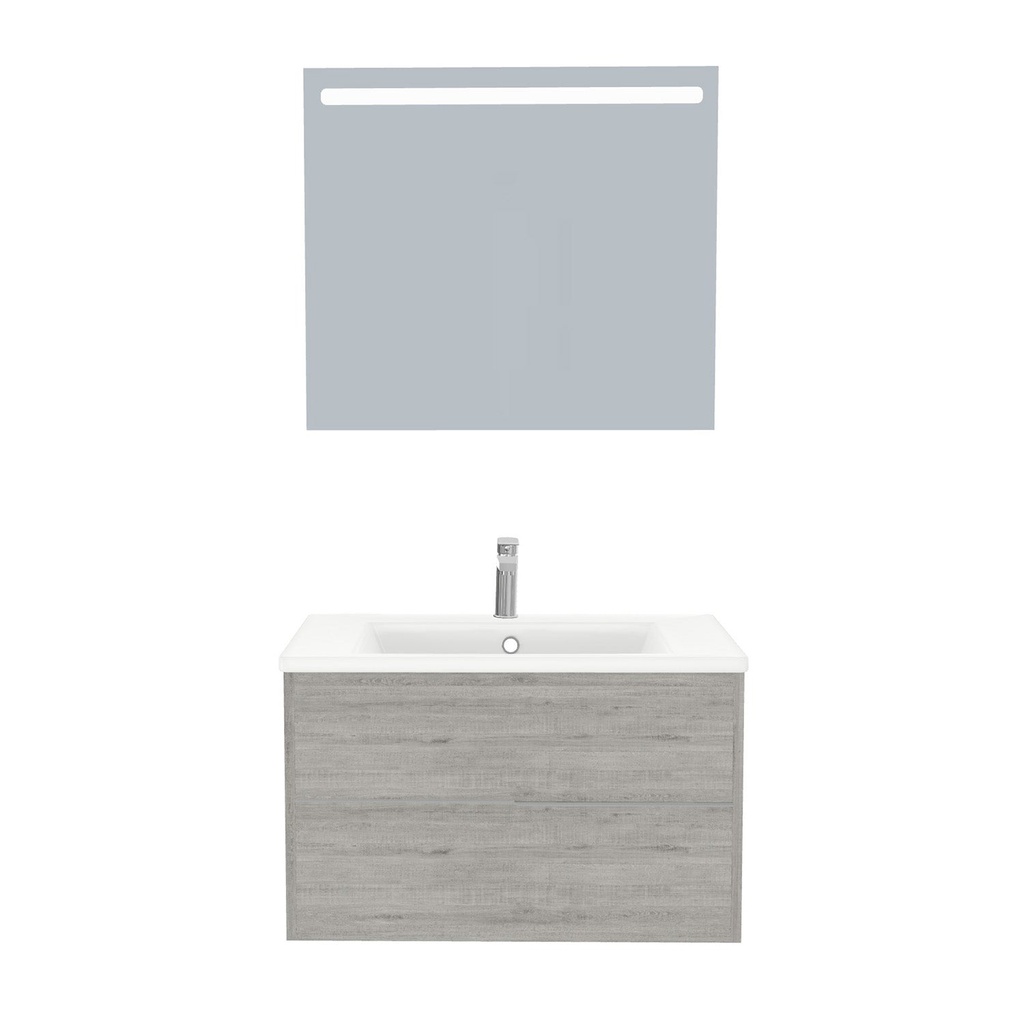 [A-ES-80-ST-WIB-LS-LS] Essen Badkamermeubel Set 80 cm Lissabon - Onderkast MDF Softclose Semi handgreep 2 lades met Keramische Wastafel 1 kraangat en Badkamerspiegel met Led-verlichting