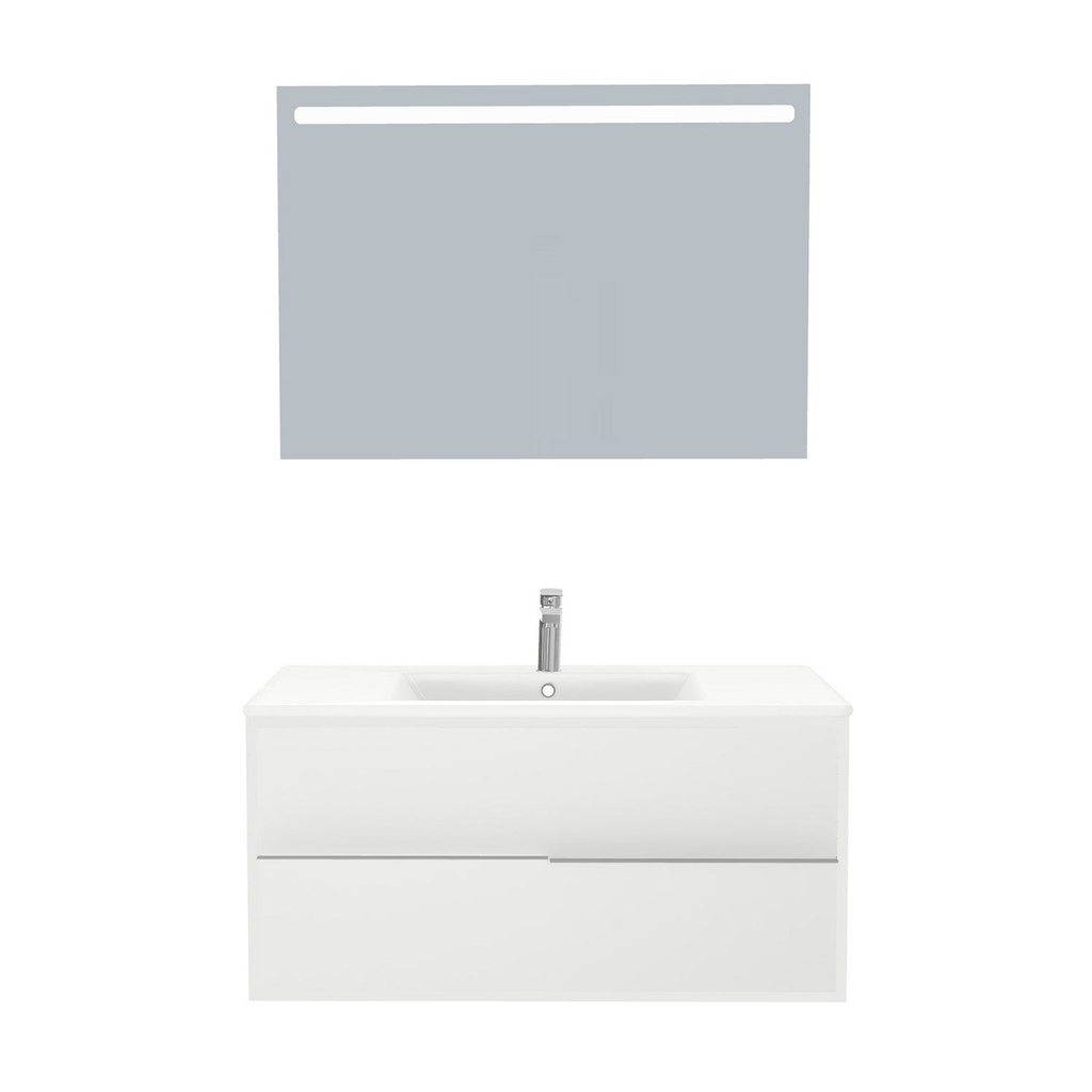[A-ES-100-ST-WIB-LS-HW] Essen Badkamermeubel Set 100 cm Hoogglans Wit - Onderkast MDF Softclose Semi handgreep 2 lades met Keramische Wastafel 1 kraangat en Badkamerspiegel met Led-verlichting