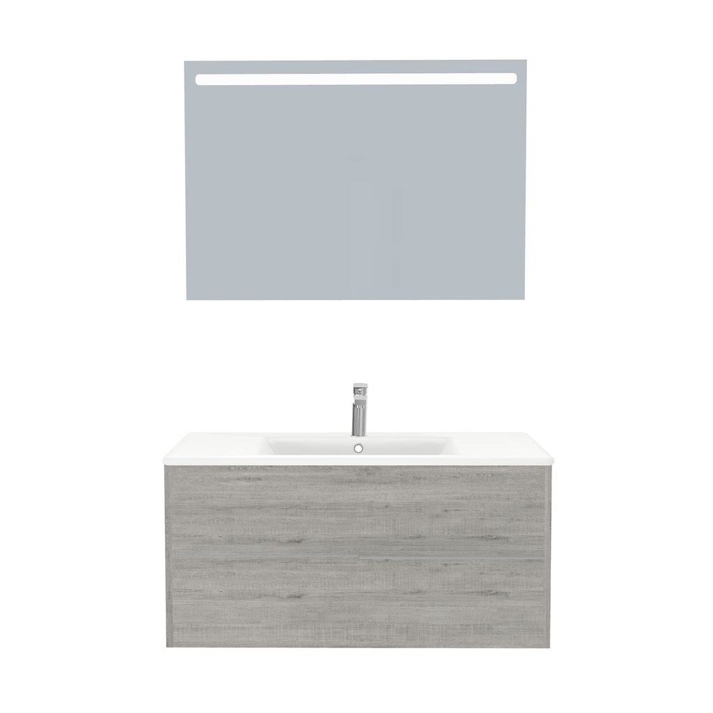 [A-ES-100-ST-WIB-LS-LS] Essen Badkamermeubel Set 100 cm Lissabon - Onderkast MDF Softclose Semi handgreep 2 lades met Keramische Wastafel 1 kraangat en Badkamerspiegel met Led-verlichting