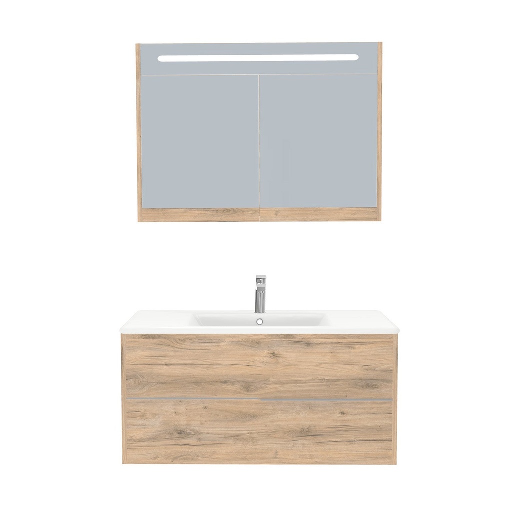 [A-ES-100-ST-WIB-LSK-DO] Essen Badkamermeubel Set 100 cm Dorado - Onderkast MDF Softclose Semi handgreep 2 lades met Keramische Wastafel 1 kraangat en Badkamerspiegelkast met Led-verlichting