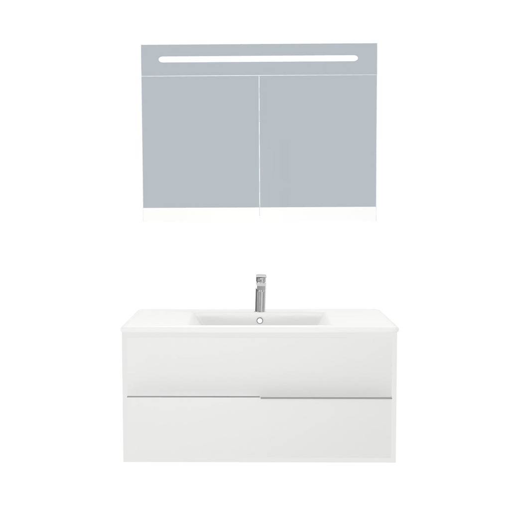 [A-ES-100-ST-WIB-LSK-HW] Essen Badkamermeubel Set 100 cm Hoogglans Wit - Onderkast MDF Softclose Semi handgreep 2 lades met Keramische Wastafel 1 kraangat en Badkamerspiegelkast met Led-verlichting