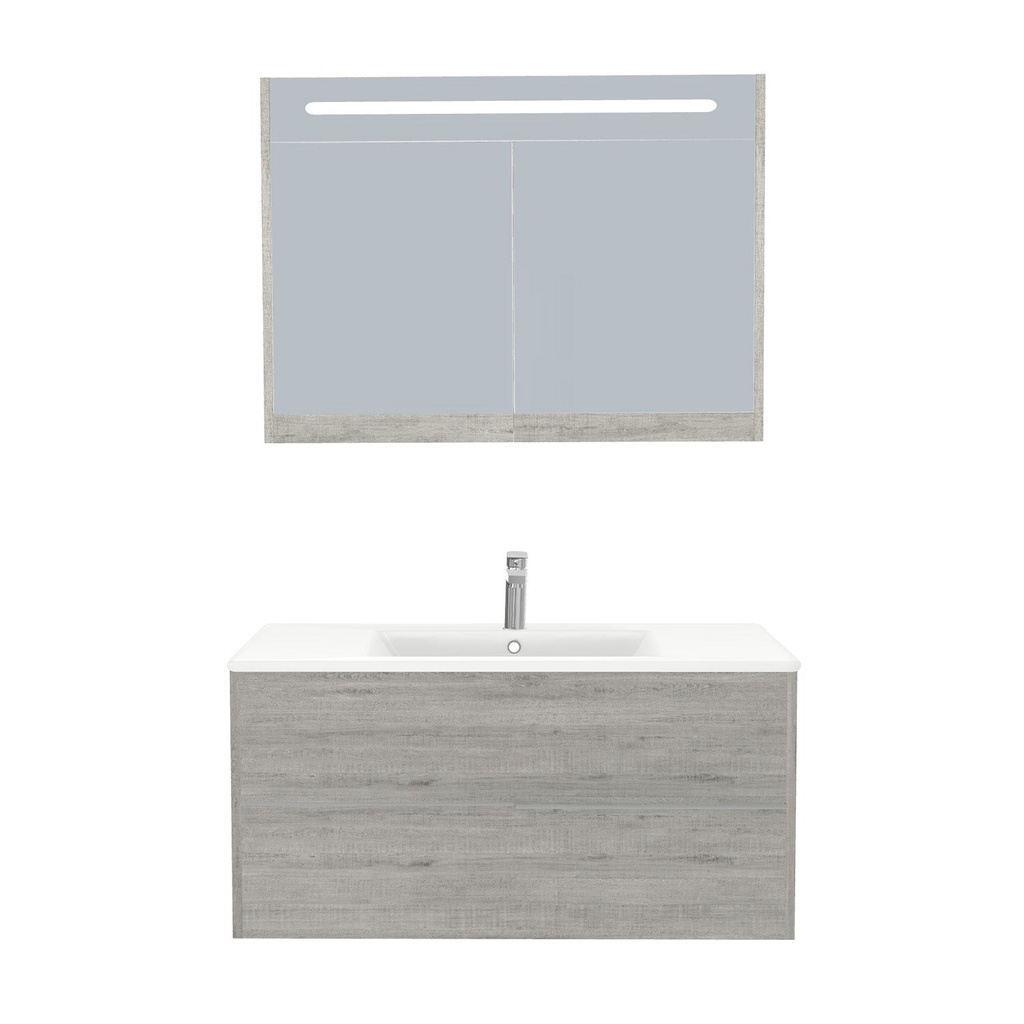 [A-ES-100-ST-WIB-LSK-LS] Essen Badkamermeubel Set 100 cm Lissabon - Onderkast MDF Softclose Semi handgreep 2 lades met Keramische Wastafel 1 kraangat en Badkamerspiegelkast met Led-verlichting