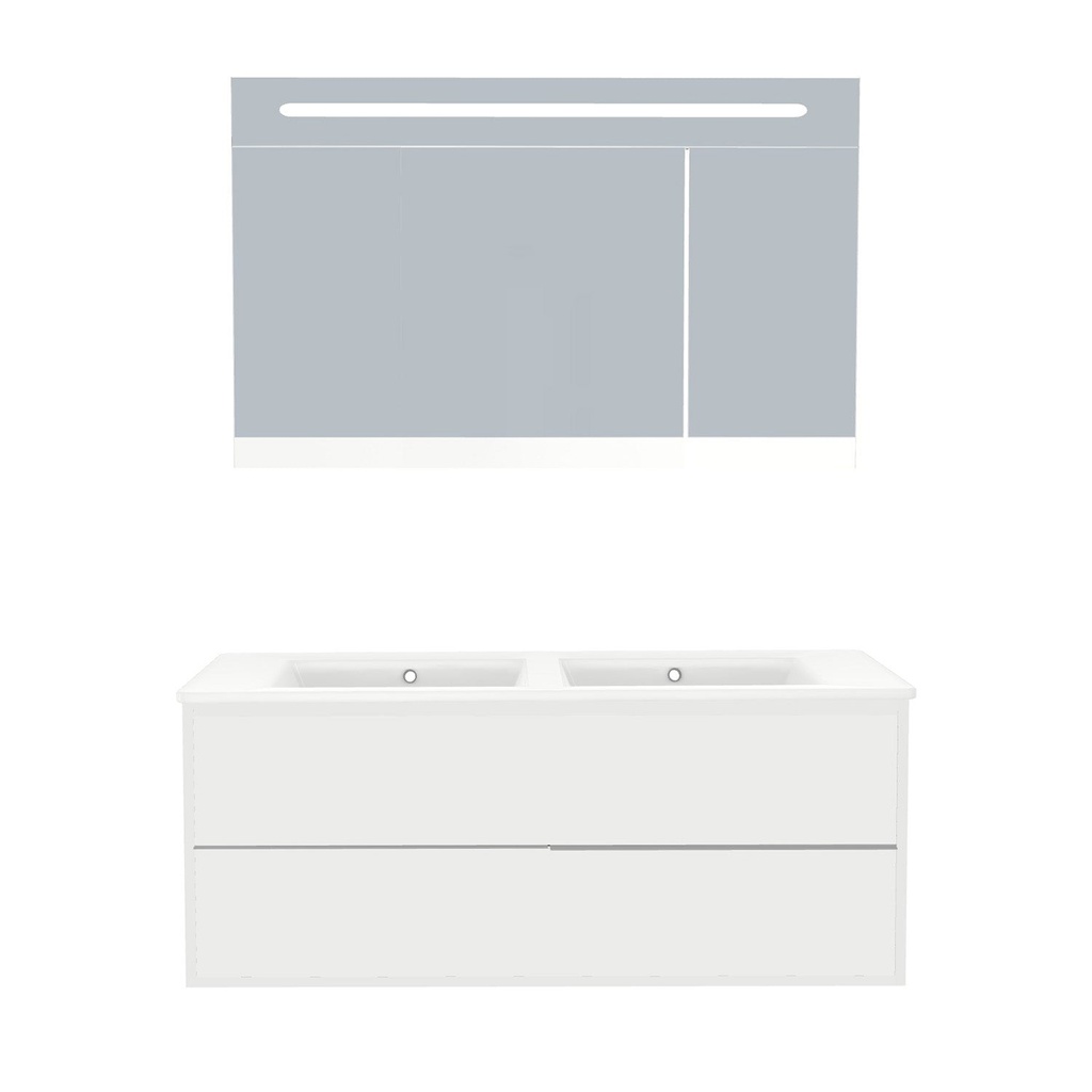 [A-ES-120-ST-WIB-LSK-HW] Essen Badkamermeubel Set 120 cm Hoogglans Wit - Onderkast MDF Softclose Semi handgreep 2 lades met Keramische Wastafel 1 kraangat en Badkamerspiegelkast met Led-verlichting