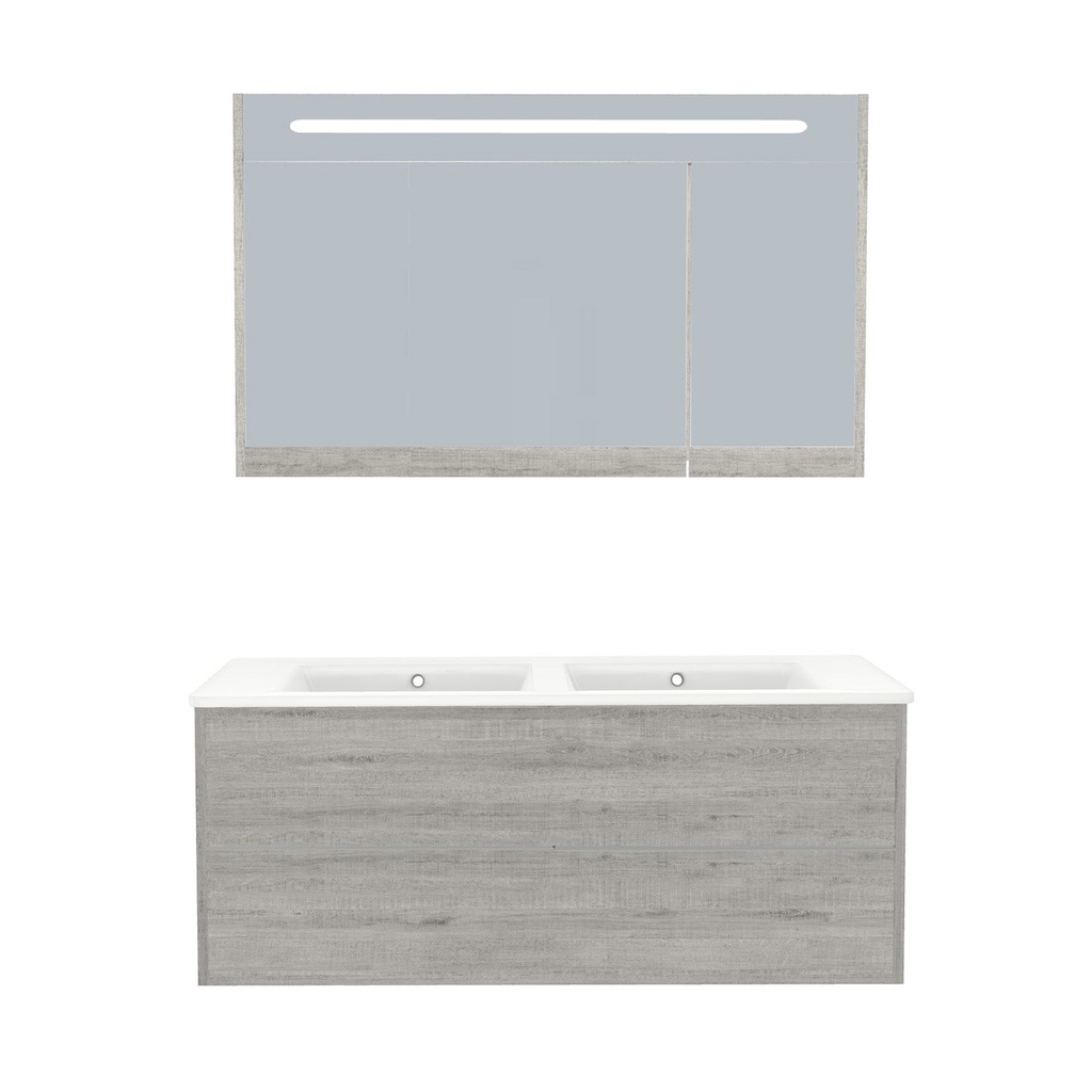 [A-ES-120-ST-WIB-LSK-LS] Essen Badkamermeubel Set 120 cm Lissabon - Onderkast MDF Softclose Semi handgreep 2 lades met Keramische Wastafel 1 kraangat en Badkamerspiegelkast met Led-verlichting