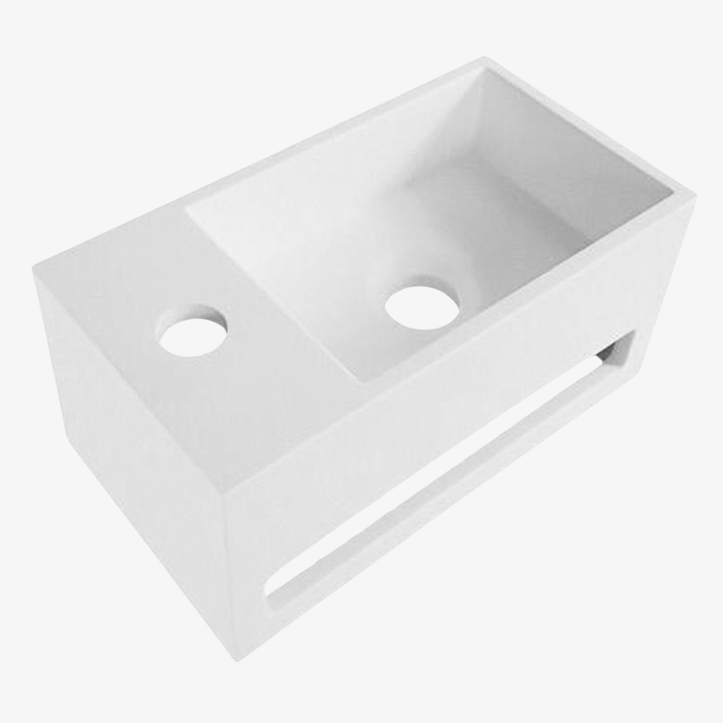 [10412057] Solid Surface Wastafel Fontein Deva Wit met Handoekhouder en Kraangat Links - 35,8x20,5x15,7 cm