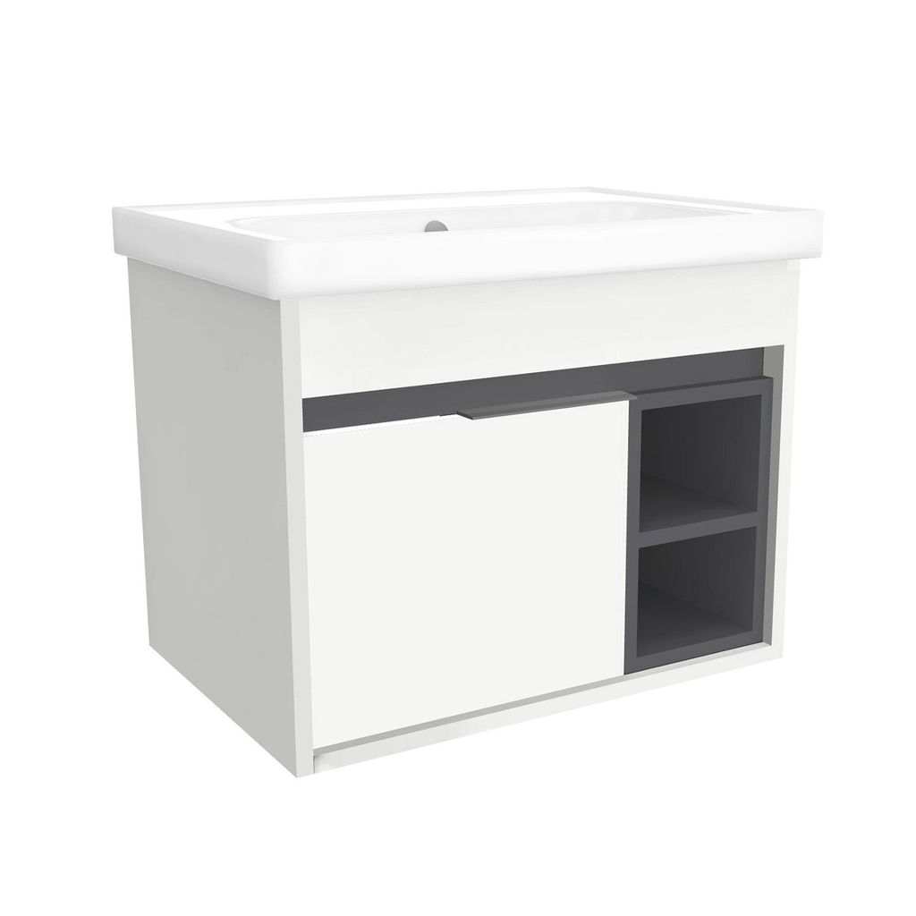 [C-AC-65-0K-HW-W-FR] Aachen 65 cm Hoogglans Wit - Onderkast MDF Softclose Semi handgreep 1 deur met Keramische Wastafel 1 kraangat - Wastafelmeubel Met Frame Wastafels