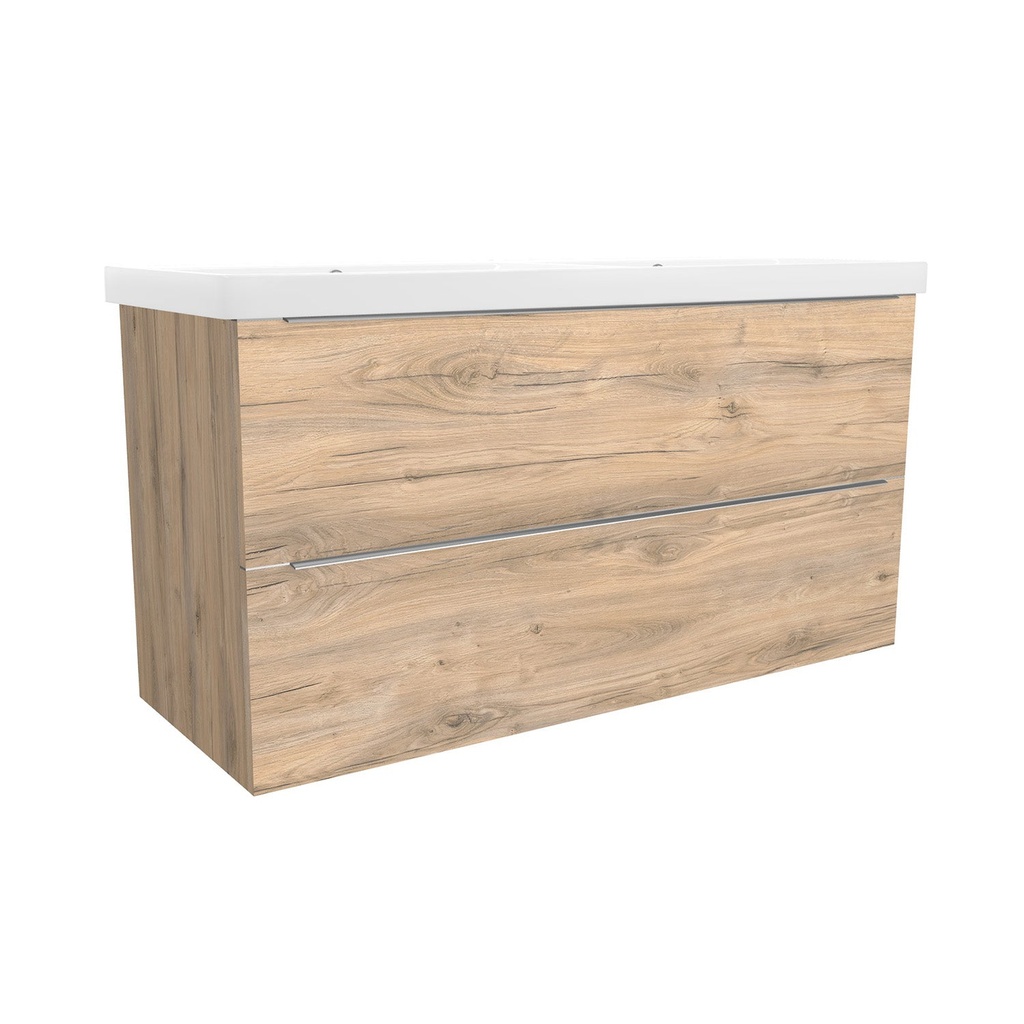 [T-FR-120-OK-DO-W-EL] Frankfurt 120 cm Dorado - Onderkast MDF Softclose Semi handgreep 2 lades met Keramische Wastafel 2 kraangat - Wastafelmeubel Met Elite Wastafels