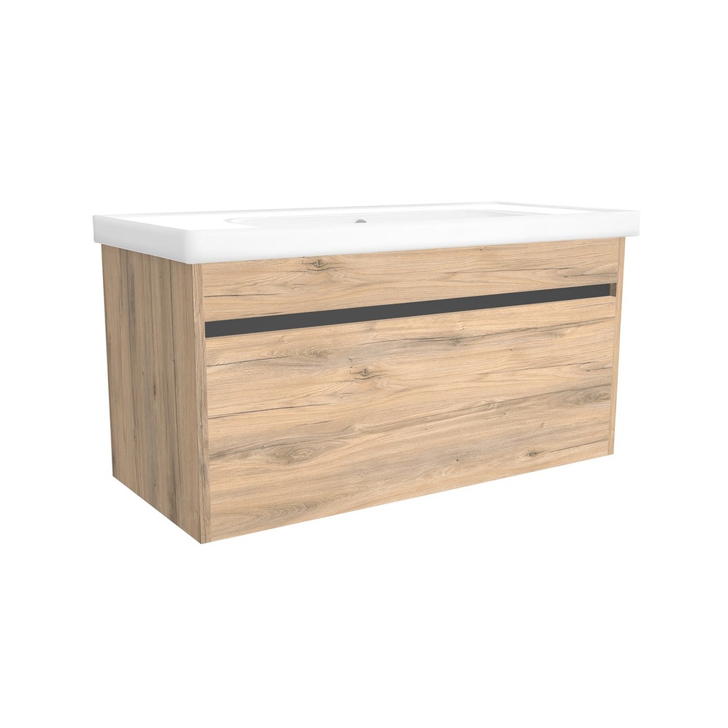 [B-AM-100-OK-DO-W-FR] Amsterdam 100 cm Dorado - Onderkast MDF Softclose Greeploos 2 lades met Keramische Wastafel 1 kraangat - Wastafelmeubel Met Frame Wastafels