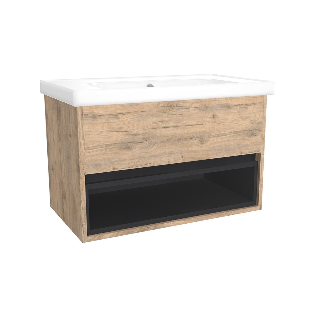 [C-PO-80-OK-DO-WFR] Pohlheim 80 cm Dorado - Onderkast MDF Softclose Greeploos 1 lade met Keramische Wastafel 1 kraangat - Wastafelmeubel Met Frame Wastafels