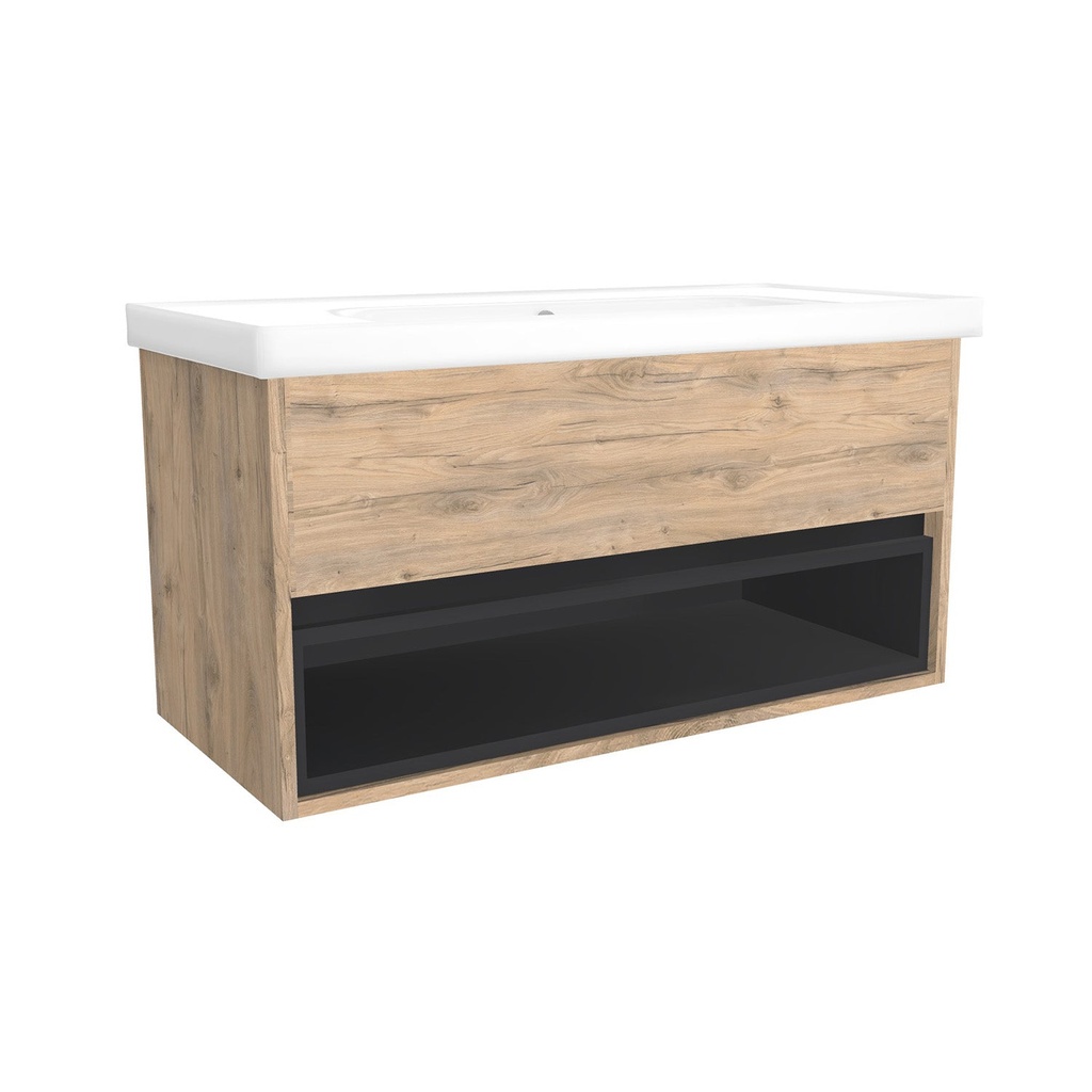 [C-PO-100-OK-DO-WFR] Pohlheim 100 cm Dorado - Onderkast MDF Softclose Greeploos 1 lade met Keramische Wastafel 1 kraangat - Wastafelmeubel Met Frame Wastafels