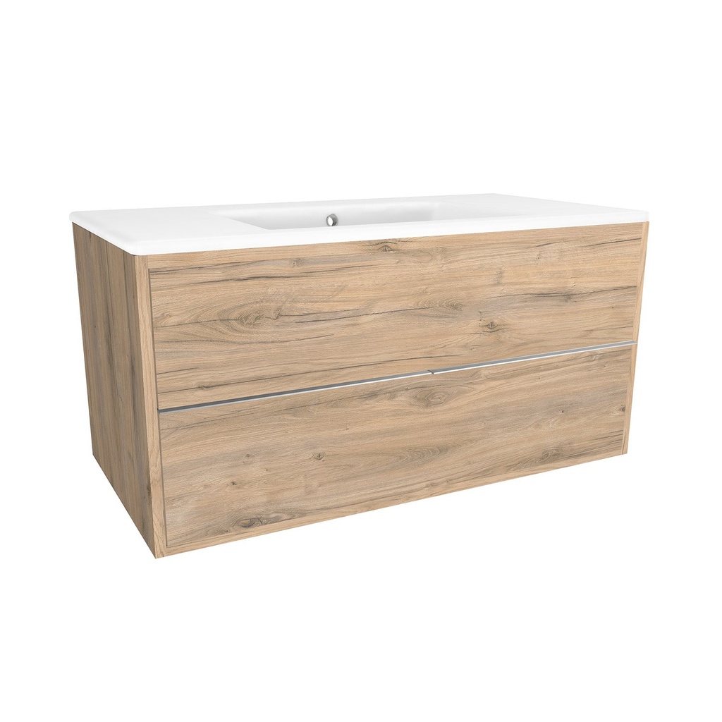 [A-ES-100-0K-DO-W-IB] Essen 100 cm Dorado - Onderkast MDF Softclose Semi handgreep 2 lades met Keramische Wastafel 1 kraangat - Wastafelmeubel Met Ibiza Wastafels