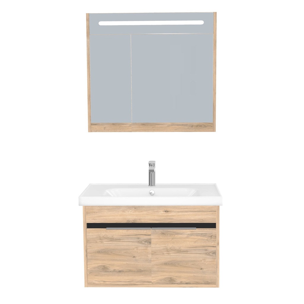 [B-KA-80-ST-WFR-LSK-DO] Kassel Badkamermeubel Set 80 cm Dorado - Onderkast MDF Softclose Semi handgreep 2 deuren met Keramische Wastafel 1 kraangat en Badkamerspiegelkast met Led-verlichting