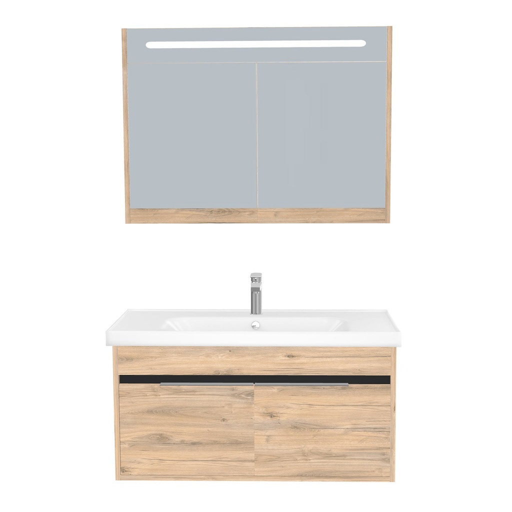 [B-KA-100-ST-WFR-LSK-DO] Kassel Badkamermeubel Set 100 cm Dorado - Onderkast MDF Softclose Semi handgreep 2 deuren met Keramische Wastafel 1 kraangat en Badkamerspiegelkast met Led-verlichting