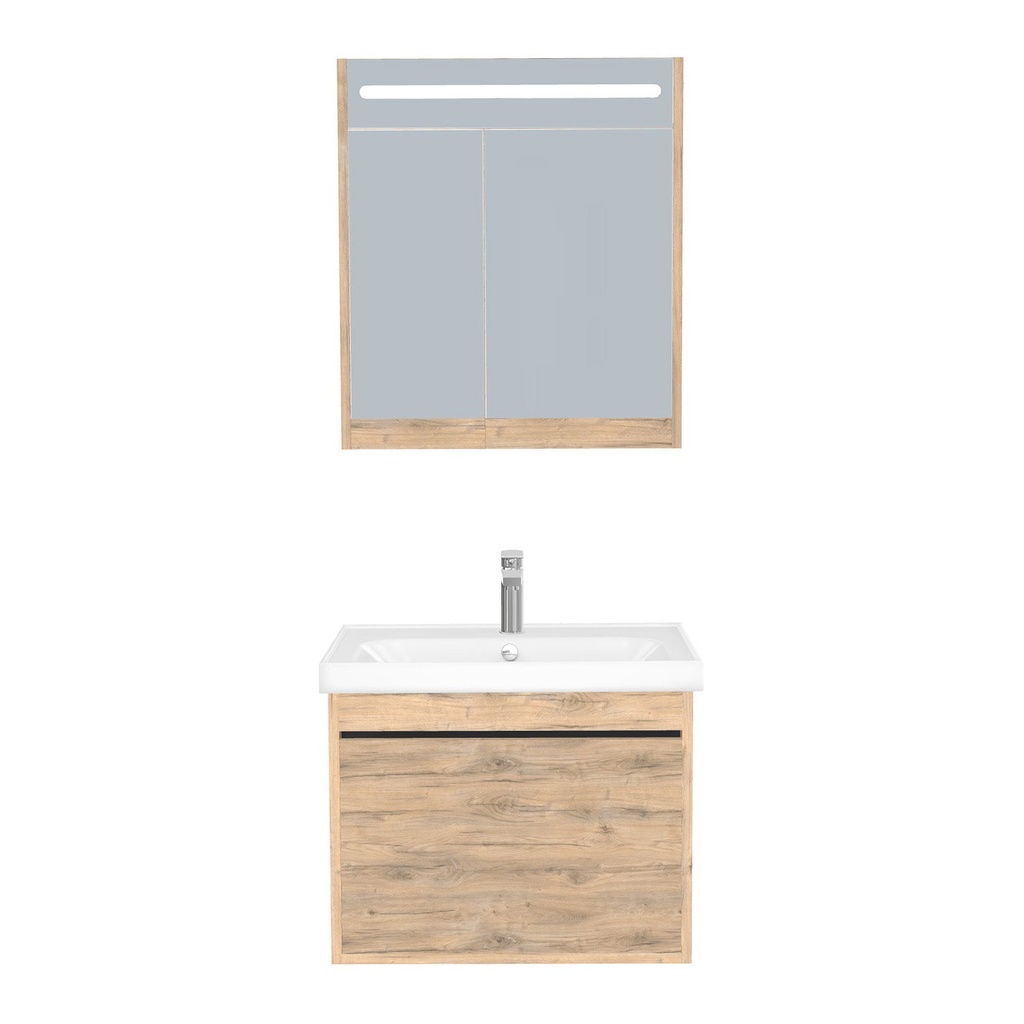 [B-OB-65-ST-WFR-LSK-DO] Oberhausen Badkamermeubel Set 65 cm Dorado - Onderkast MDF Softclose Semi handgreep 1 lade met Keramische Wastafel 1 kraangat en Badkamerspiegelkast met Led-verlichting