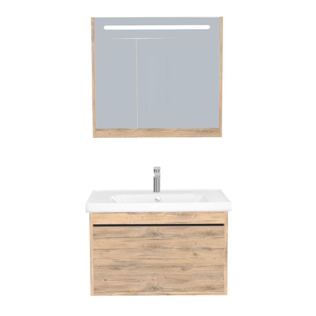 [B-OB-80-ST-WFR-LSK-DO] Oberhausen Badkamermeubel Set 80 cm Dorado - Onderkast MDF Softclose Semi handgreep 1 lade met Keramische Wastafel 1 kraangat en Badkamerspiegelkast met Led-verlichting