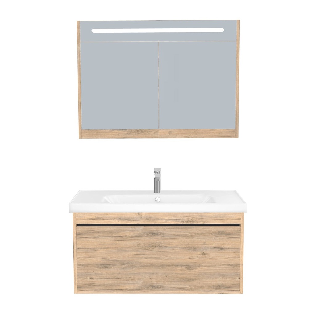 [B-OB-100-ST-WFR-LSK-DO] Oberhausen Badkamermeubel Set 100 cm Dorado - Onderkast MDF Softclose Semi handgreep 1 lade met Keramische Wastafel 1 kraangat en Badkamerspiegelkast met Led-verlichting