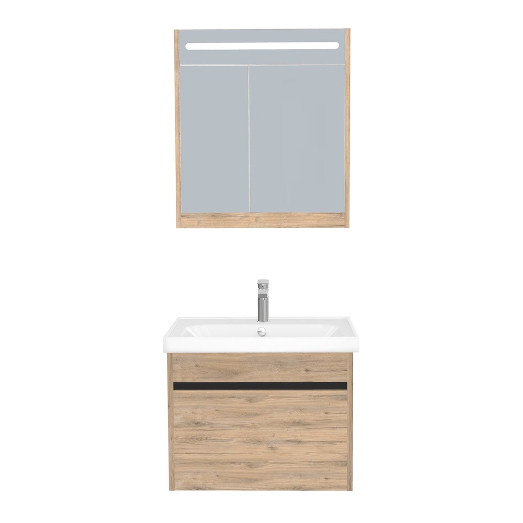 [B-AM-65-ST-WFR-LSK-DO] Amsterdam Badkamermeubel Set 65 cm Dorado - Onderkast MDF Softclose Greeploos 2 lades met Keramische Wastafel 1 kraangat en Badkamerspiegelkast met Led-verlichting